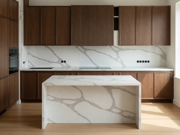 Столешница и фартук для кухни, с островом, из кварцевого агломерата Vicostone Forza BQ8920