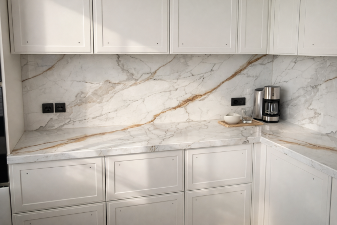 Столешница и фартук для кухни, с островом с ногой, из кварцевого агломерата Avant Quartz Калакатта Бессон 5751