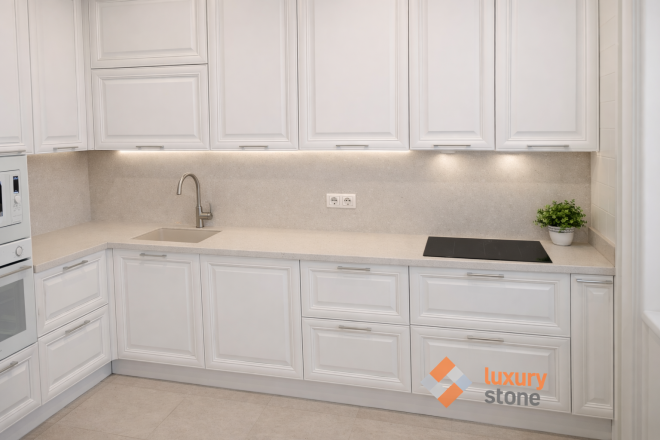 Столешница и фартук для кухни, из кварцевого агломерата Аварус RM511 Лёд Байкала