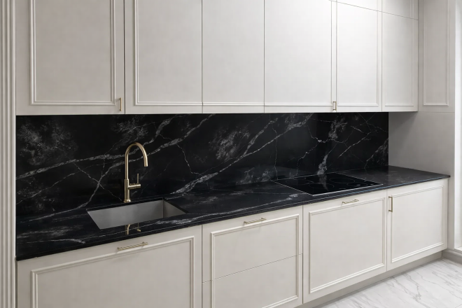 Столешница и фартук для кухни, из кварцевого агломерата Primax 795 Calacatta Black Mist