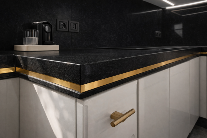 Столешница и фартук для кухни, с островом, из кварцевого агломерата Caesarstone 3100 Jet Black