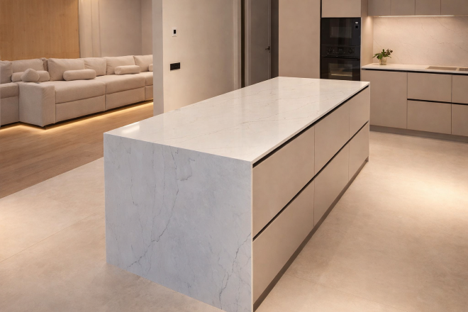 Столешница и фартук для кухни, с юольшим островом, из кварцевого агломерата Vicostone BQ6702 Costa Nova