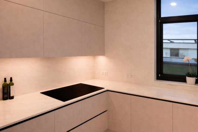 Столешница и фартук для кухни, с юольшим островом, из кварцевого агломерата Vicostone BQ6702 Costa Nova