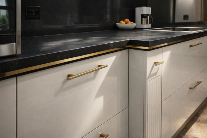 Столешница и фартук для кухни, с островом, из кварцевого агломерата Caesarstone 3100 Jet Black