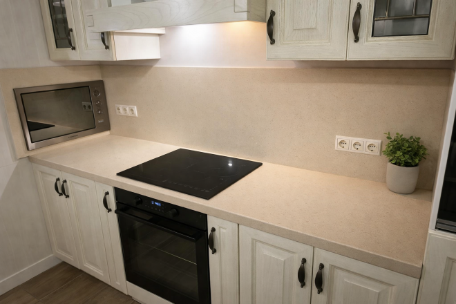 Столешница и фартук для кухни, с островом, из кварцевого агломерата Аварус R522 Золотое кольцо