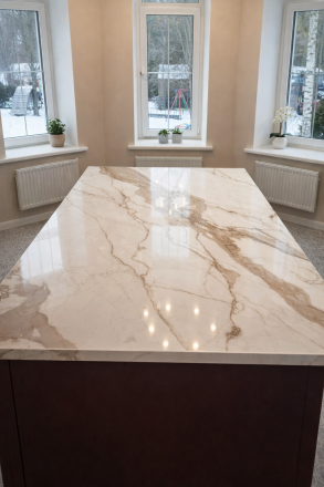 Столешница и стеновая панель для кухни, с островом, из кварцевого агломерата Symphony Carmen