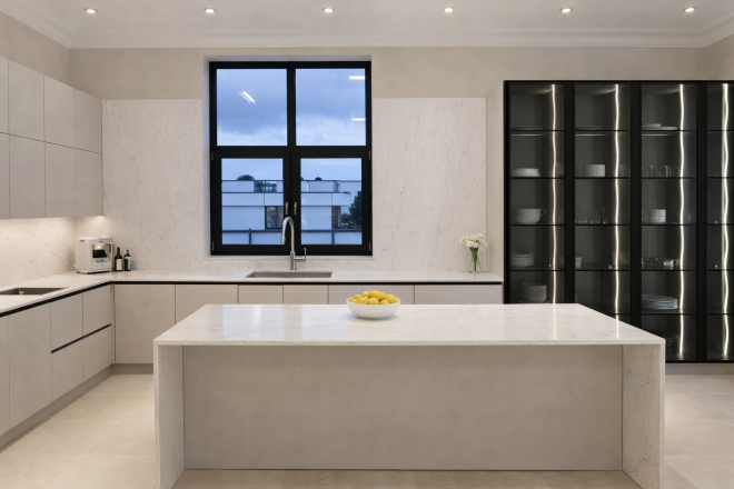 Столешница и фартук для кухни, с юольшим островом, из кварцевого агломерата Vicostone BQ6702 Costa Nova