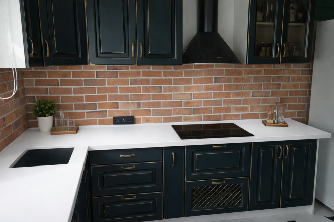 Столешница и фартук для кухни, с островом, из кварцевого агломерата Аварус R112 Соль Каспия