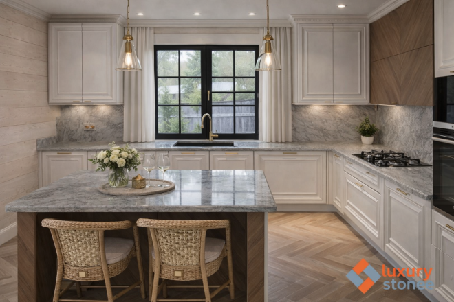 Столешница и фартук для кухни, с островом, из гранита SUPER WHITE