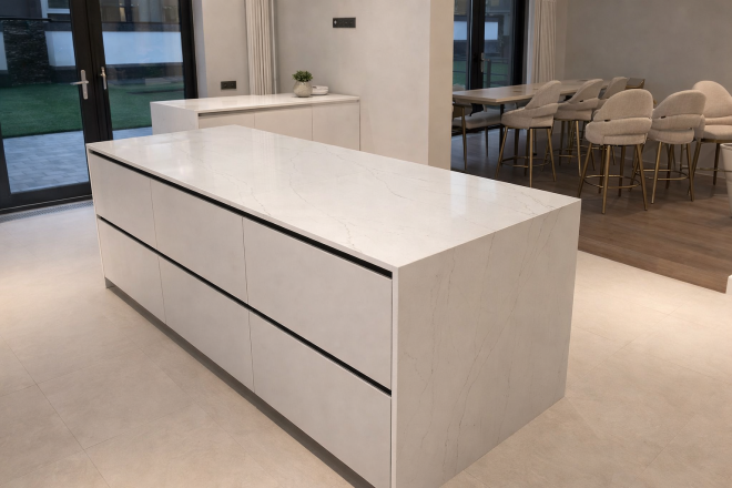 Столешница и фартук для кухни, с юольшим островом, из кварцевого агломерата Vicostone BQ6702 Costa Nova