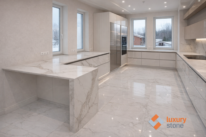 Столешница и фартук для кухни, с островом, из кварцевого агломерата Avant Калакатта Шенонсо 7030