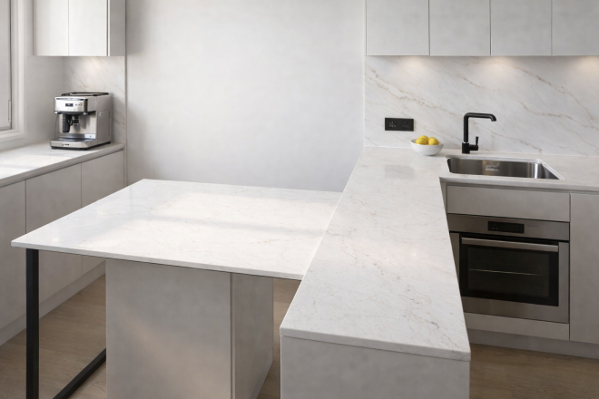 Столешница и фартук для кухни, с островом, из кварцевого агломерата Аварус R520 Астраханские пески