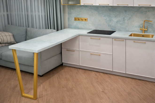 Столешница и фартук для кухни, барная стойка, из кварцевого агломерата Primax 335 Tiffani Blue