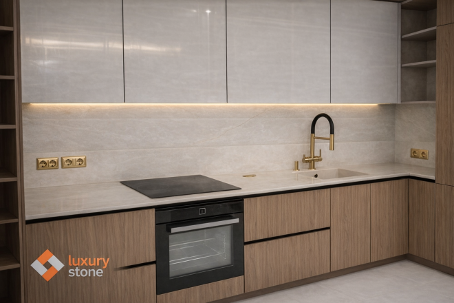 Столешница и фартук для кухни, из кварцевого агломерата Aleph Stone А95 Desert Rose