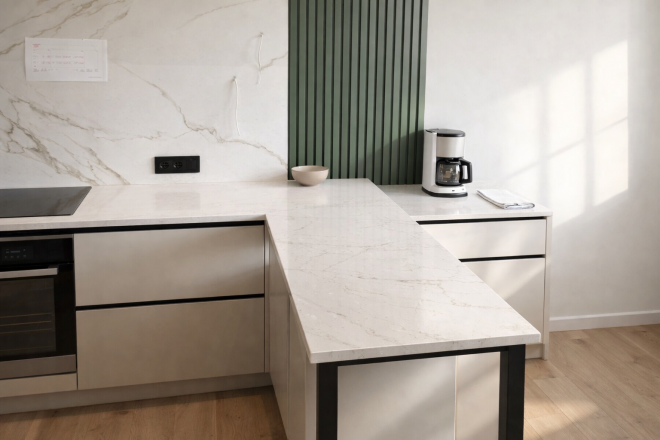 Столешница и фартук для кухни, с островом, из кварцевого агломерата Аварус R520 Астраханские пески