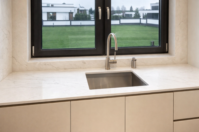 Столешница и фартук для кухни, с юольшим островом, из кварцевого агломерата Vicostone BQ6702 Costa Nova