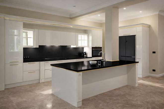 Столешница и фартук для кухни, с островом, из кварцевого агломерата Caesarstone 3100 Jet Black