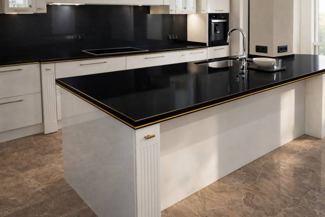 Столешница и фартук для кухни, с островом, из кварцевого агломерата Caesarstone 3100 Jet Black