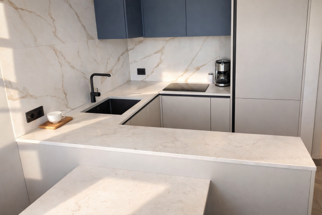 Столешница и фартук для кухни, с островом, из кварцевого агломерата Аварус R520 Астраханские пески