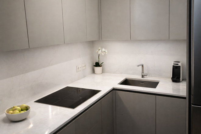 Столешница и фартук для кухни, из кварцевого агломерата Avant Калакатта Канны Голд 7550