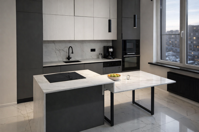 Столешница и фартук для кухни, с островом, из кварцевого агломерата Avant 7500 Калакатта Аррас