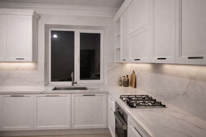 Столешница и фартук для кухни, из кварцевого агломерата Avant 7400 Калакатта Дофине