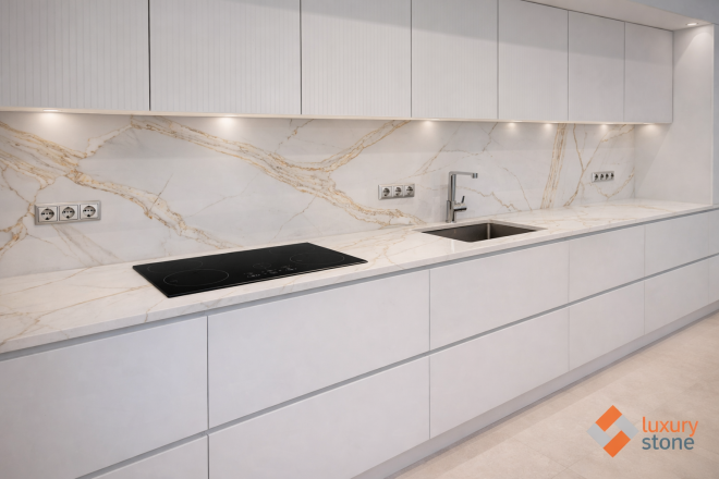 Столешница и фартук для кухни, с островом, из кварцевого агломерата Avant Калакатта Шенонсо 7030