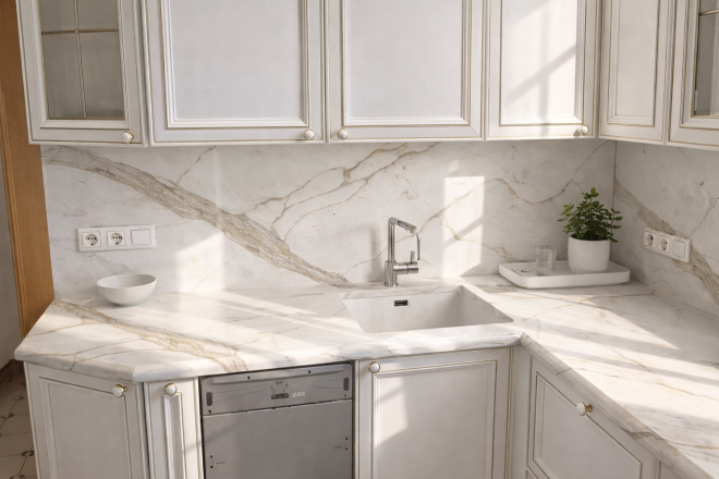 Столешница и фартук для кухни, из кварцевого агломерата Avant Quartz Калакатта Шенонсо 7030