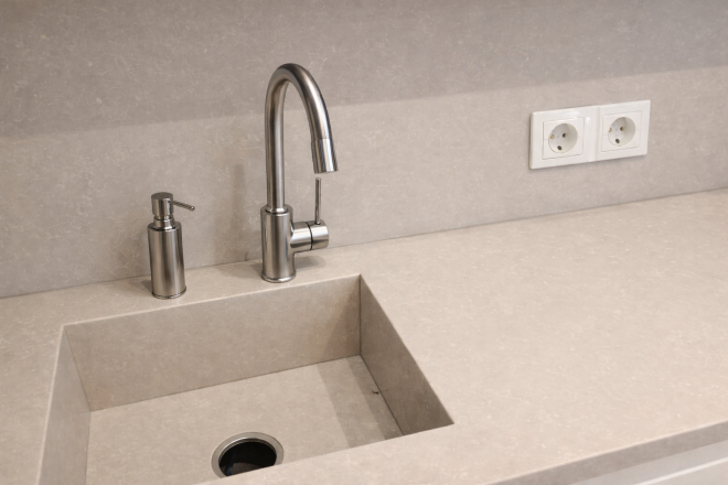 Столешница и фартук для кухни, из кварцевого агломерата Аварус RM511 Лёд Байкала