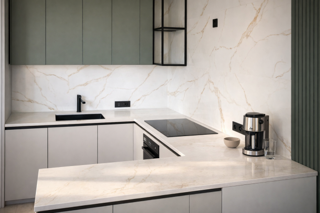 Столешница и фартук для кухни, с островом, из кварцевого агломерата Аварус R520 Астраханские пески