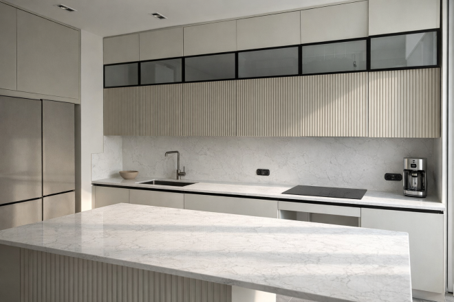 Столешница и фартук для кухни, с островом, из кварцевого агломерата Аварус R543 Пик Эльбруса