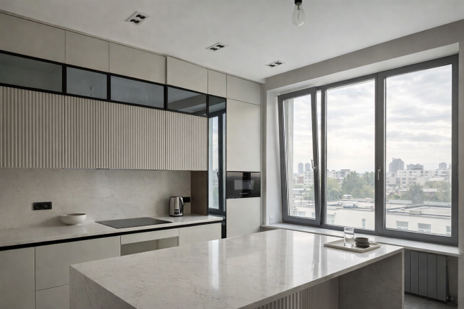 Столешница и фартук для кухни, с островом, из кварцевого агломерата Аварус R543 Пик Эльбруса