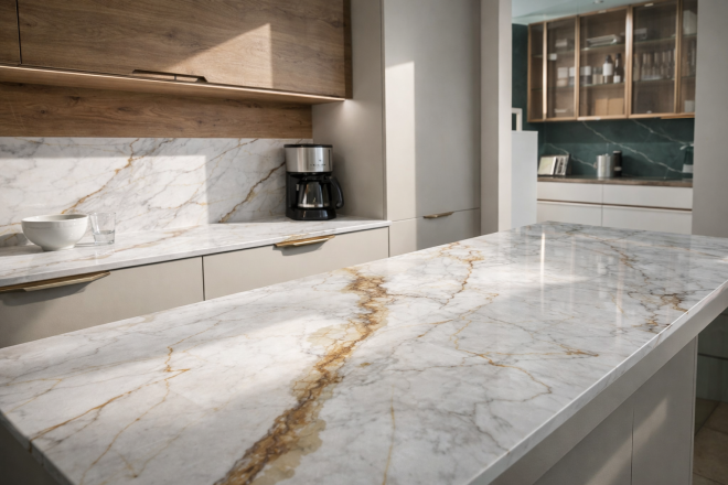 Столешница и фартук для кухни, с островом, из кварцевого агломерата Avant Quartz Калакатта Бессон 5751