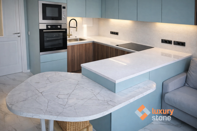 Столешница и фартук для кухни, барная стойка, из кварцевого агломерата Аварус R543 Пик Эльбруса