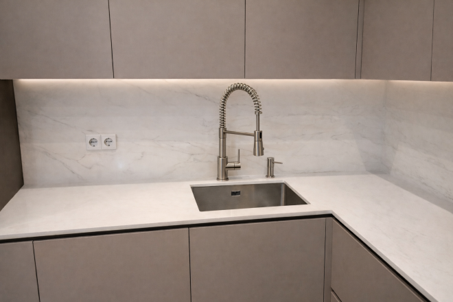 Столешница и фартук для кухни, с островом, из кварцевого агломерата Vicostone BQ6702 Costa Nova