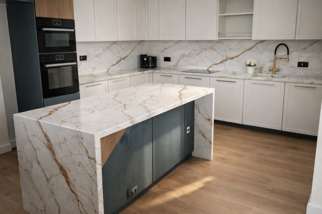 Столешница и фартук для кухни, с островом с ногой, из кварцевого агломерата Avant Quartz Калакатта Бессон 5751