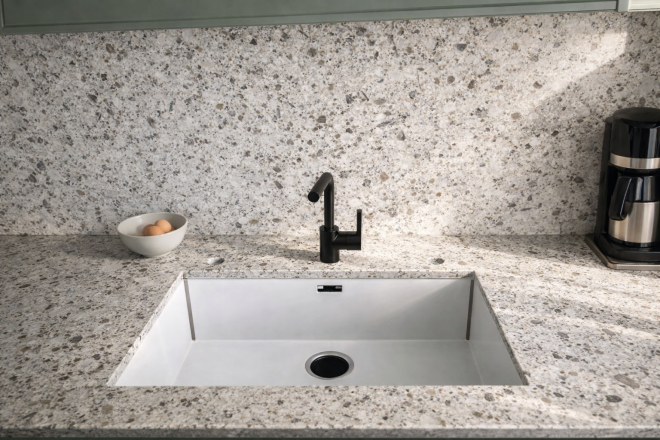 Столешница и фартук для кухни, с островом, из кварцевого агломерата Belenco Pergamon 7353