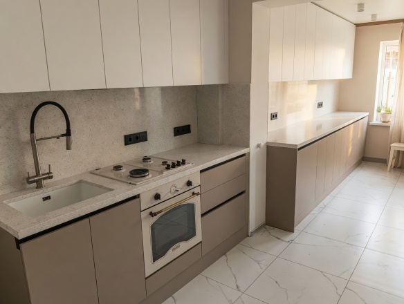 Столешница и фартук для кухни, из кварцевого агломерата Аварус R575 Красная Поляна