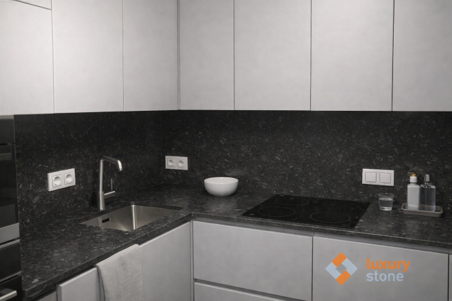 Столешница и фартук для кухни, из кварцевого агломерата Аварус R677 Московская ночь