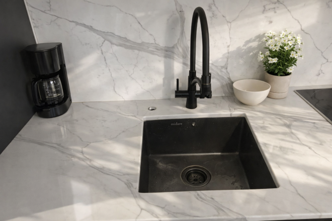 Столешница и фартук для кухни, с островом, из кварцевого агломерата Avant 7500 Калакатта Аррас