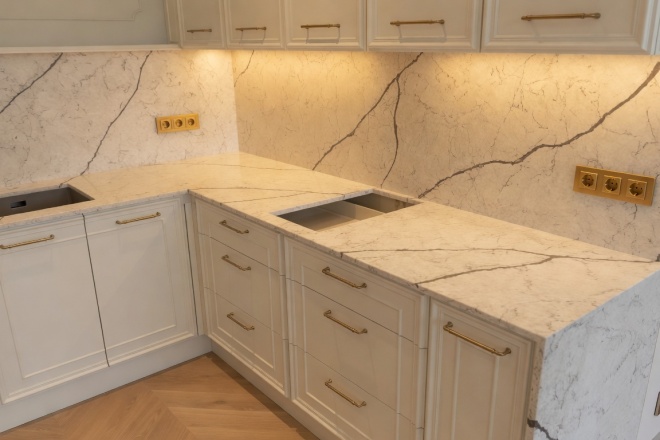 Столешница и остров из кварцевого агломерата Vicostone BQ8788 Diamante